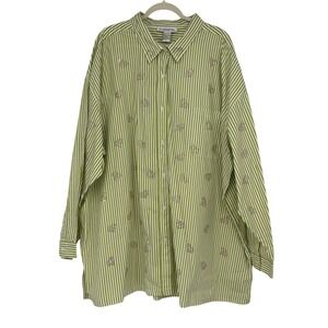 Silhouettes Plus Size Green Stripe Button Down Rhinestone Heart Shirt 4X Novelty